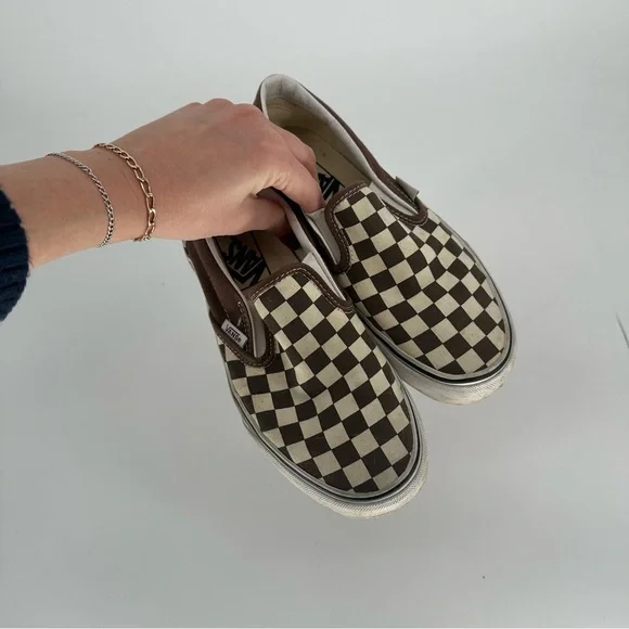 Vans Checkerboard White & Brown Slip-On Shoes Canvas Classic Skate Womens 6.5 - Picture 3 of 8